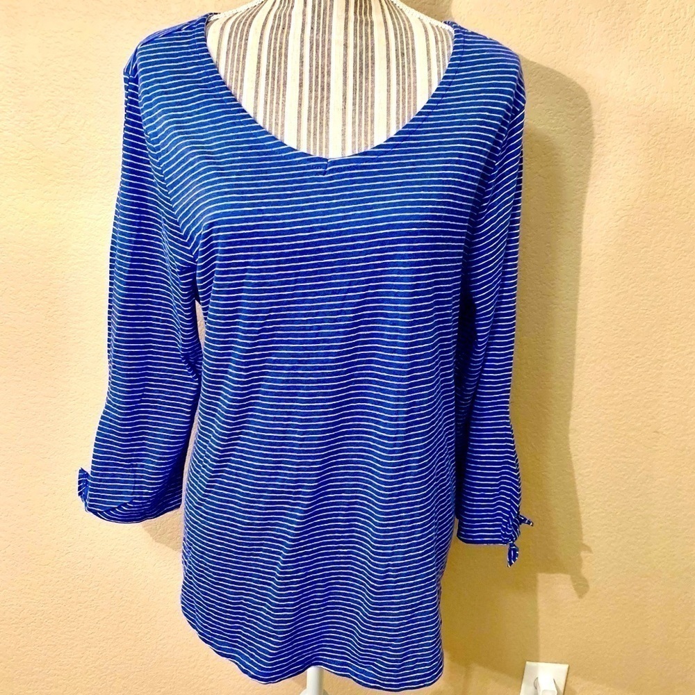 NEW Old Navy Top XL Royal Blue White Pinstripes Long Sleeves Cotton Viscose